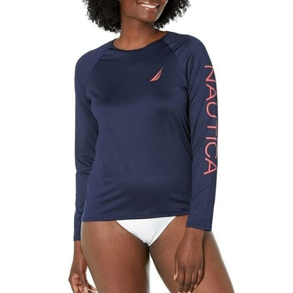 Nautica Long Sleeve Logo Graphic UPF 30+ Beach Swim Rashguard - Picture 1 of 6